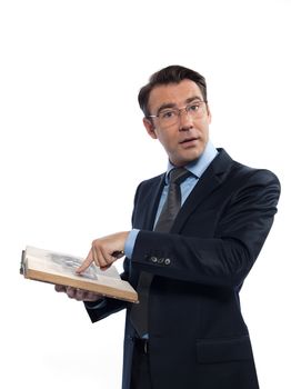 one man caucasian professor teacher teaching  reading an ancient book isolated studio on white background