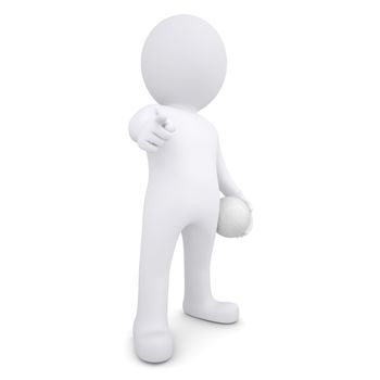 3d white man with a volleyball ball points his finger at the viewer. Isolated render on a white background