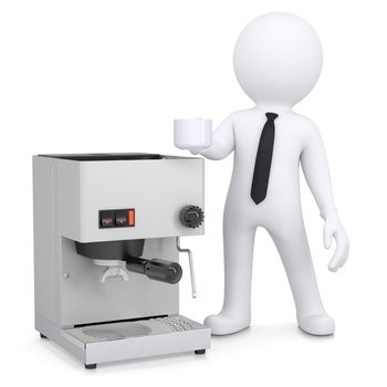 3d white man with a coffee machine. Isolated render on a white background