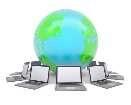 Laptops around the planet earth. Isolated render on a white background