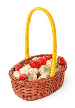 Ripe White and Red Strawberries in basket, on white background