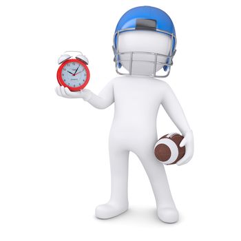 3d man in a football helmet holds red alarm clock. Isolated render on a white background