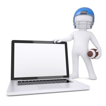 3d man in a football helmet holds laptop. Isolated render on a white background