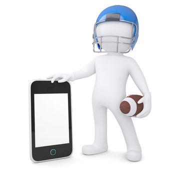 3d man in a football helmet holds smartphone. Isolated render on a white background