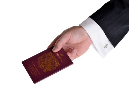 buisness man presenting a passport isolated on white background