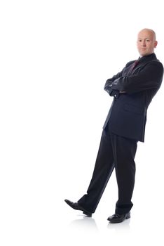 Man in suit leaning against something isolated on white