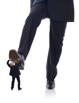 manager Buisnessman in suit stepping on employee isolated on white