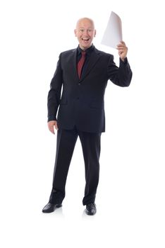 Man in suit holding papers with good news