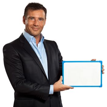 one caucasian business man holding showing whiteboard in studio isolated on white background