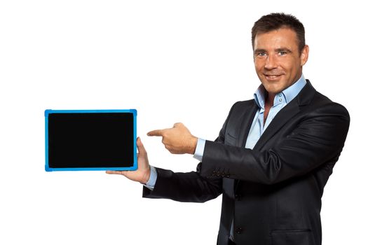 one caucasian business man pointing blackboard message copy space in studio isolated on white background