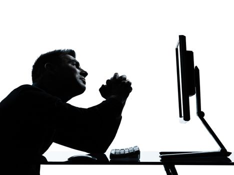 one caucasian business man computer computing begging despair silhouette in studio isolated on white background