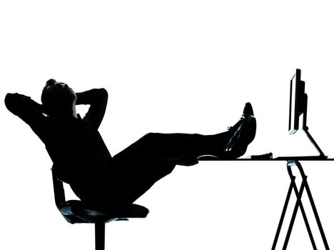 one caucasian business man computer computing relaxing  silhouette Full length in studio isolated on white background