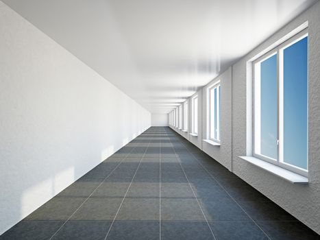 The empty big corridor with  white wall