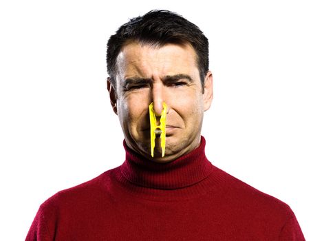 caucasian man unpleasant smell studio portrait on isolated white backgound