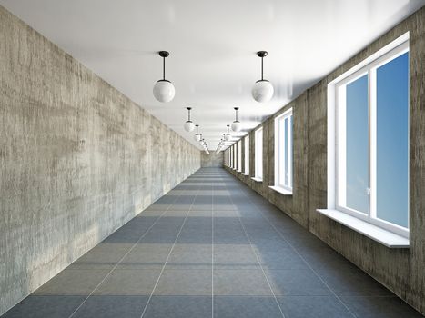 The empty big corridor with  old wall