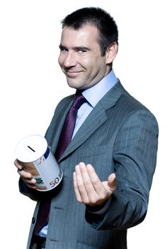 portrait on isolated white background of a smiling  businessman holding a moneybox begging for money