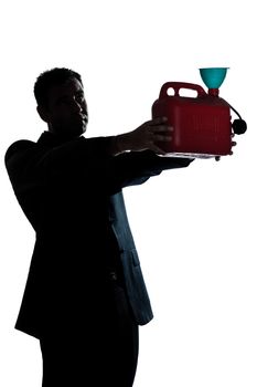 one caucasian man out of gas holding can  portrait silhouette in studio isolated white background
