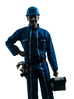 one caucasian repairman worker standing smiling  silhouette in studio on white background