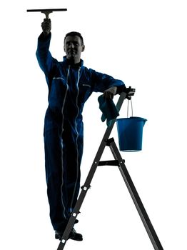 one caucasian man window cleaner  worker silhouette in studio on white background