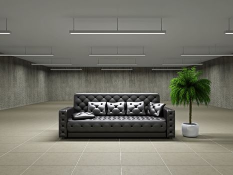 The empty big hall with  leather sofa