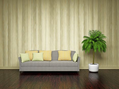 Sofa and plant near the wooden wall