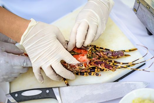 Chefs make lobster butchering meat. cut out for use in cooking.