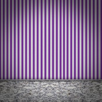 Empty room with marble floor and purple striped wallpaper