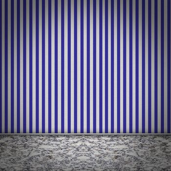 Empty room with marble floor and purple striped blue wallpaper