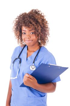 African young doctor isolated on white background