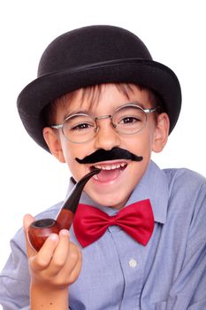 portrait of a boy with a hat, pipe and mustache
