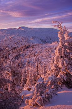 red winter mountain sunset in Romania