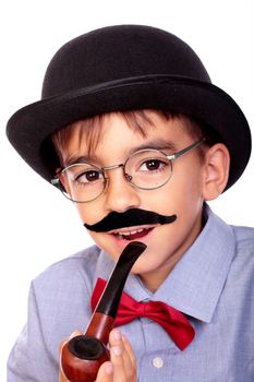 portrait of a boy with a hat, pipe and mustache