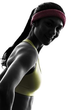 one  woman exercising fitness  smiling portrait in silhouette  on white background