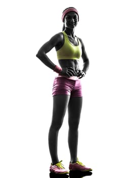 one caucasian woman runner exercising posing    in silhouette on white background