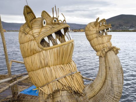 Details of Head of floating reeds boat in Titicaca lake, Puno, Peru.