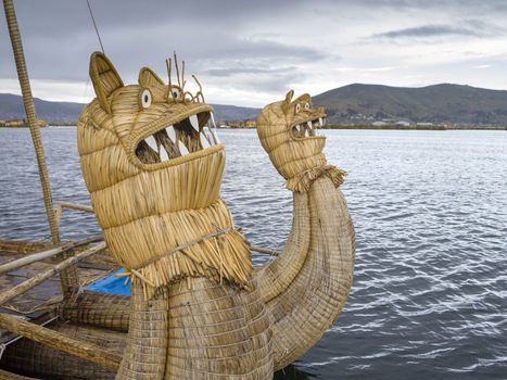 Head of floating reeds boat in Titicaca lake, Puno, Peru.