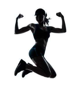 one caucasian woman runner jogger jumping powerful in silhouette studio isolated on white background