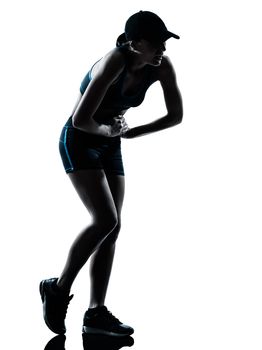 one caucasian woman runner jogger tired breathless in silhouette studio isolated on white background