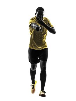 one african man referee  running whistling in silhouette  on white background