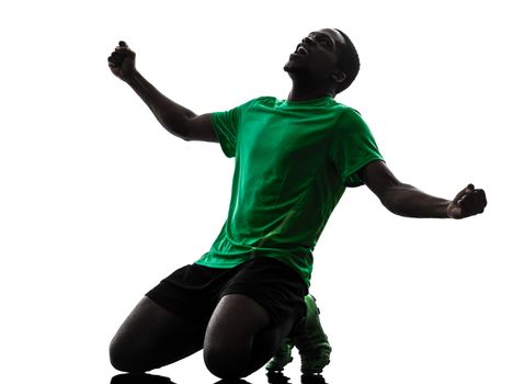 one african man soccer player celebrating victory green jersey in silhouette  on white background