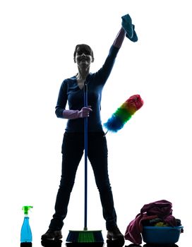 one caucasian woman maid cleaning products  in silhouette studio isolated on white background