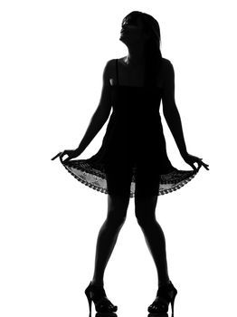 stylish silhouette caucasian beautiful woman summer dress full length on studio isolated white background