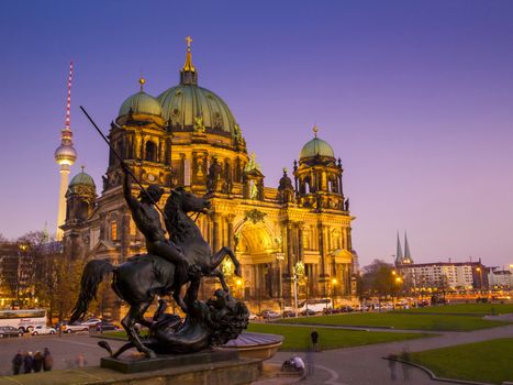 BERLIN, GERMANY - NOVEMBER 12: Twilight at Berlin Cathedral (Berliner Dom) on November 12, 2011. Cathedral was originally built with bricks and since reconstrucion at1905 from Silesian sandstone.