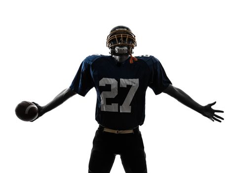 one caucasian american football player man triumphant in silhouette studio isolated on white background