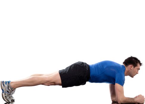 man on Abdominals workout Basic Plank posture on white background