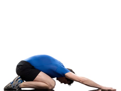 man paschimottanasana yoga pose stretching posture workout  fitness exercising by a man on studio white background