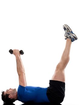 man doing abdominals workout posture on isolated white background