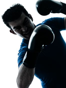 one caucasian man exercising boxing boxer  workout fitness in silhouette studio  isolated on white background