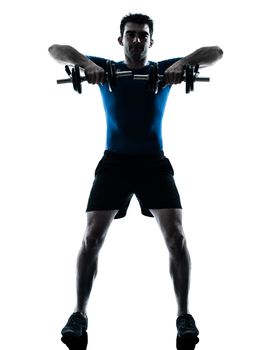 one caucasian man exercising weight training workout fitness in silhouette studio  isolated on white background