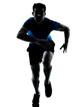 one caucasian man runner running sprinter sprinting  in silhouette studio  isolated on white background